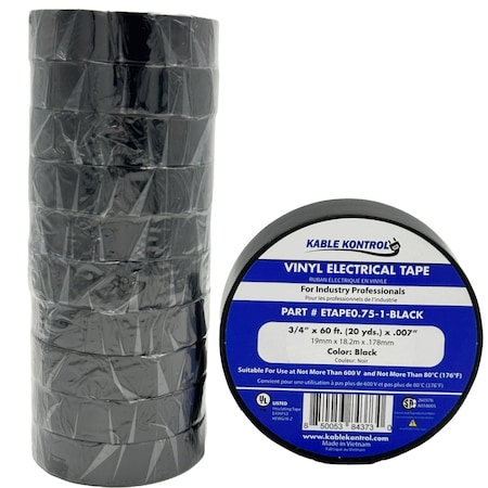 Kable Kontrol PVC Electrical Tape, 3/4'' Wide x 60' Long , 7 mil Thick, Vinyl, Rated For 600V, BLACK ETAPE0.75-1-BLACK